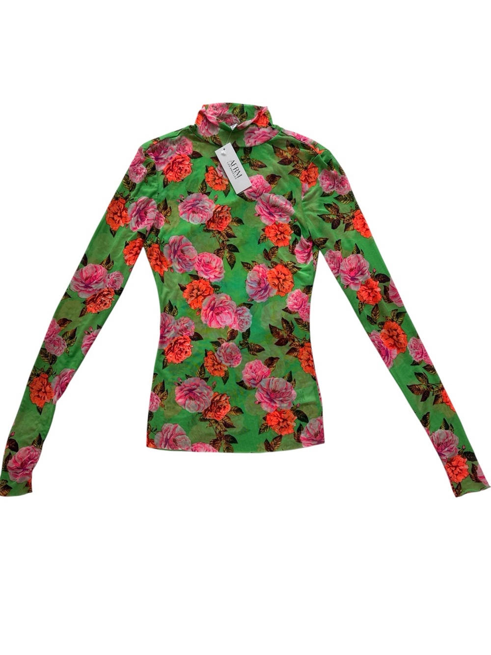 AFRM Sheer Green Floral Mesh Mock Neck Long Sleeve Top Size XS